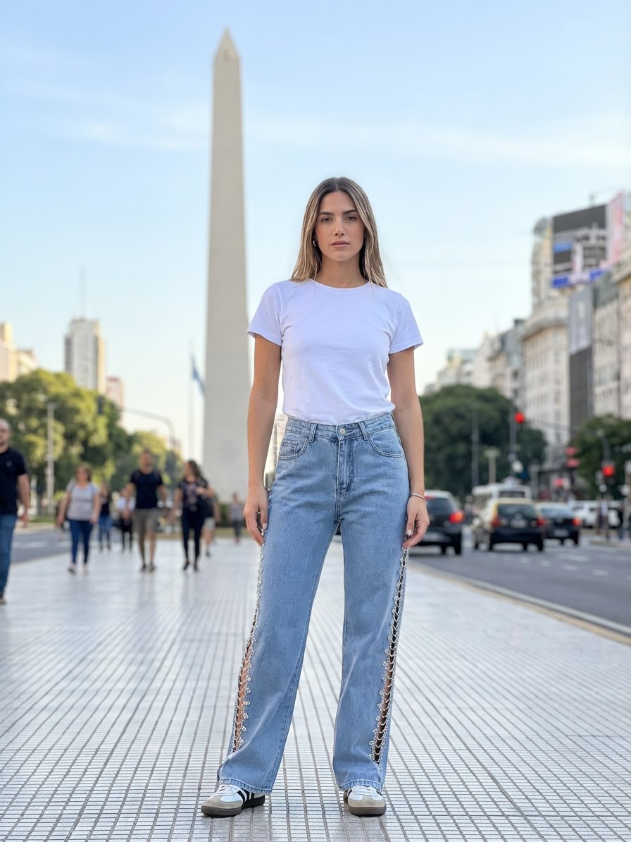 Jean strass franja lateral